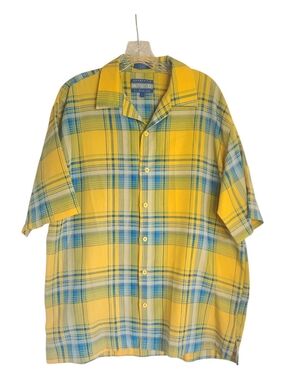 Authentic K.A.D. Clothing Plaid Short Sleeve Button Up Shirt Yellow Blue L